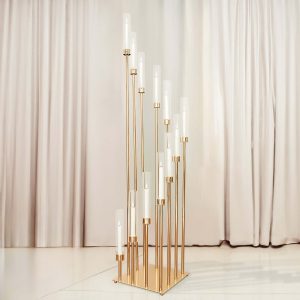 12-Arm Gold Cluster Taper Candle Holder with Clear Glass Shades 57" - Luxurious Large Candle Arrangement for Weddings